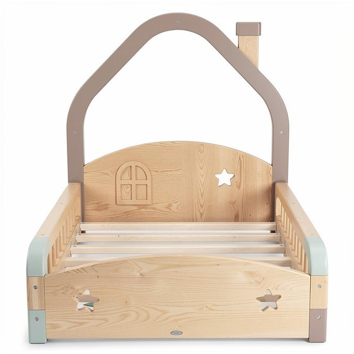 Technische titel in het Nederlands: **Houten peuterbed met huisontwerp en sterdecoratie**