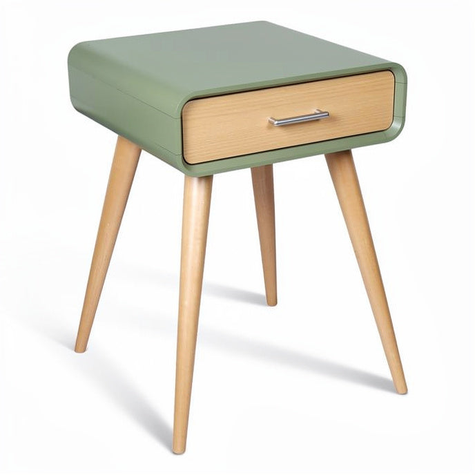 **Technische titel in het Nederlands: "Moderne nachtkast met één lade en houten poten"**